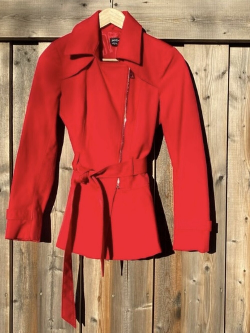 bebe | Peplum True Red 💄 Silver Zip Up Tie-Waist Jacket Coat Rayon & Cotton